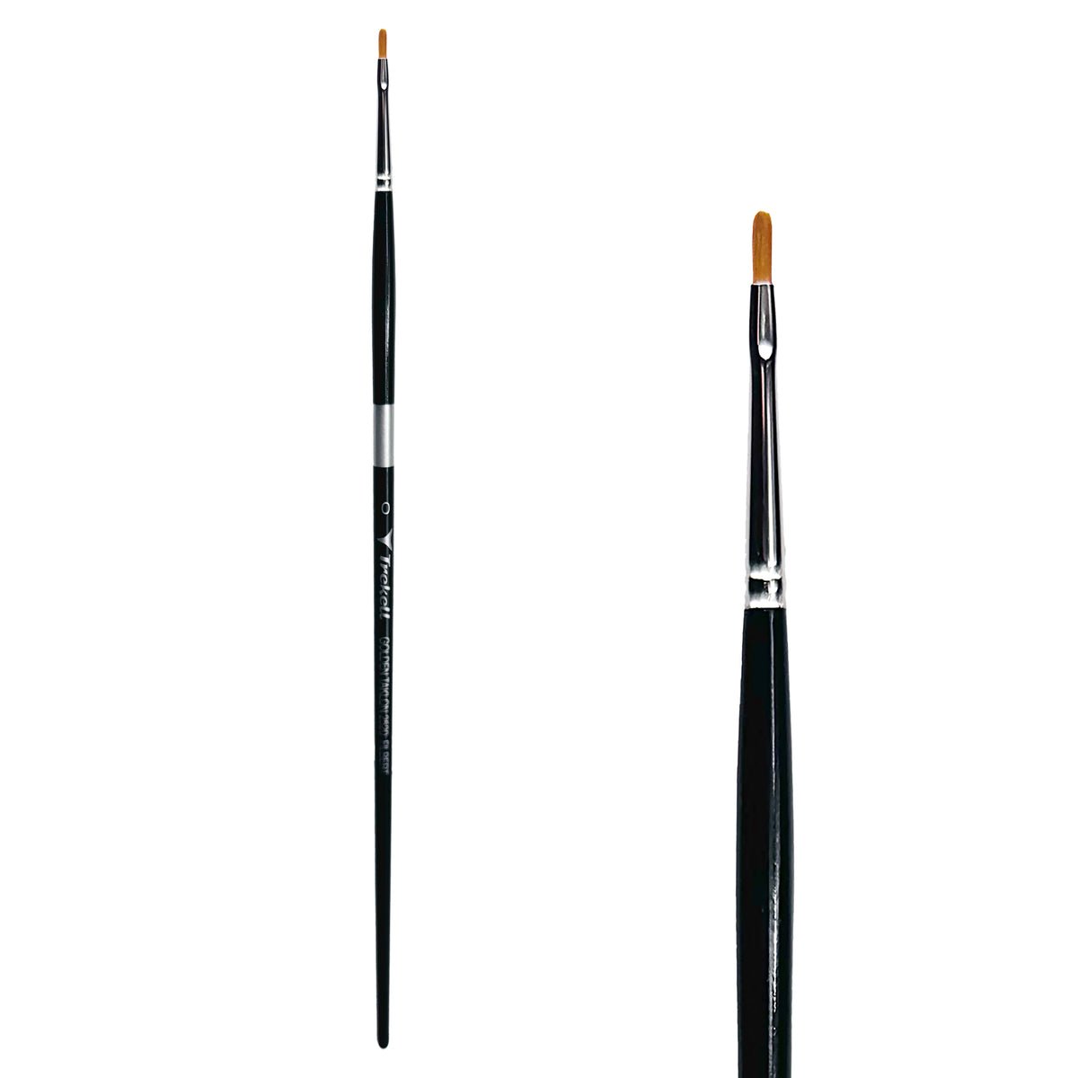 Trekell Golden Taklon #0 Filbert Brush - Long Handle, with flattened bristles and a rounded tip.
