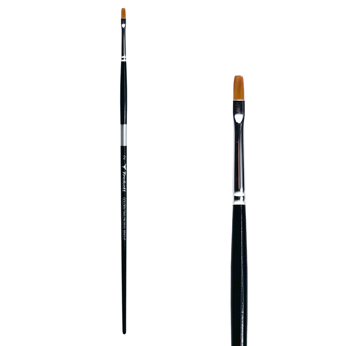 Trekell Golden Taklon #2 Bright Brush - Long Handle, with short, straight-edged flat bristles.