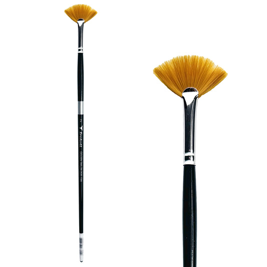 Trekell Golden Taklon #2 Fan Brush - Long Handle, with fan-shaped bristles.