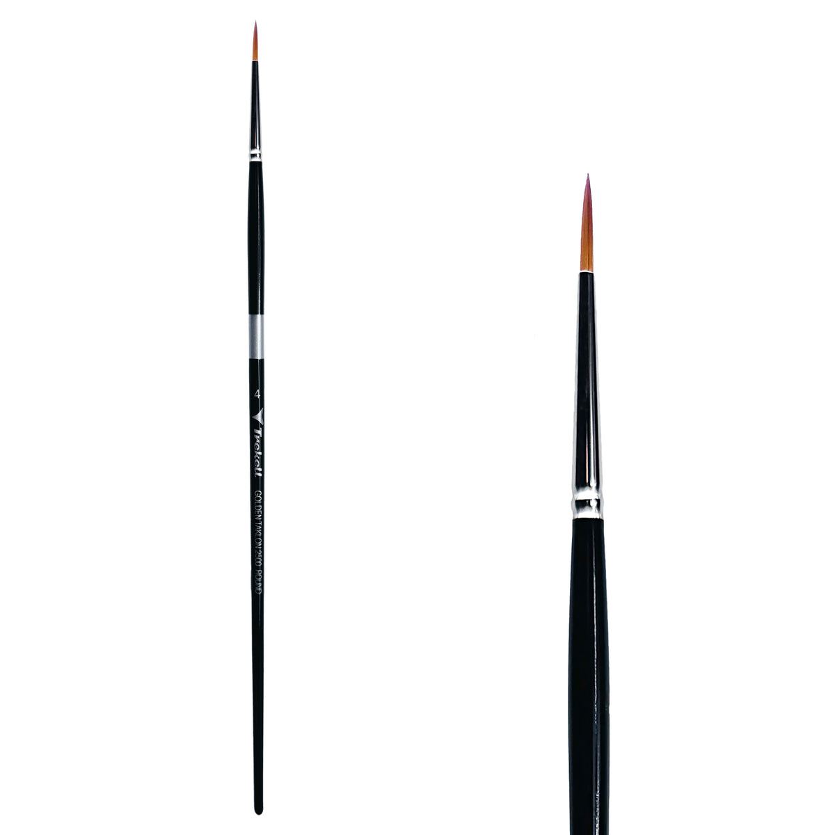 Trekell Golden Taklon #4 Round Brush - Long Handle, with rounded, pointed bristles.