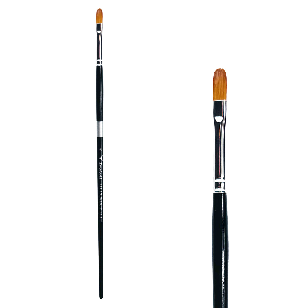 Trekell Golden Taklon #6 Filbert Brush - Long Handle, with flattened bristles and a rounded tip.