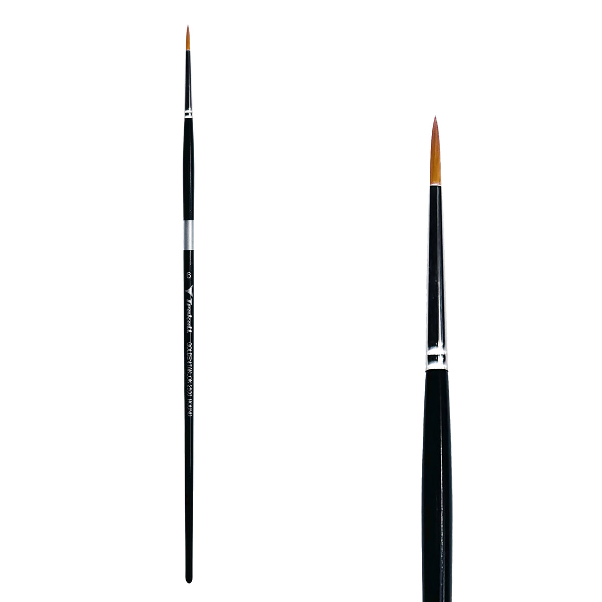 Trekell Golden Taklon #6 Round Brush - Long Handle, with rounded, pointed bristles.