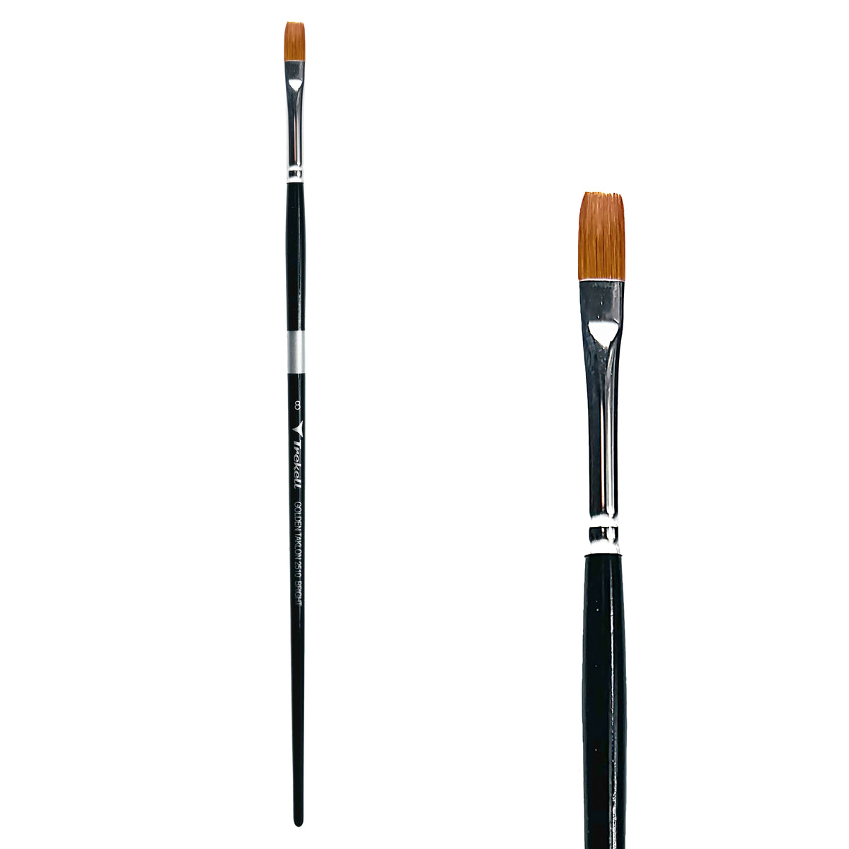 Trekell Golden Taklon #8 Bright Brush - Long Handle, with short, straight-edged flat bristles.