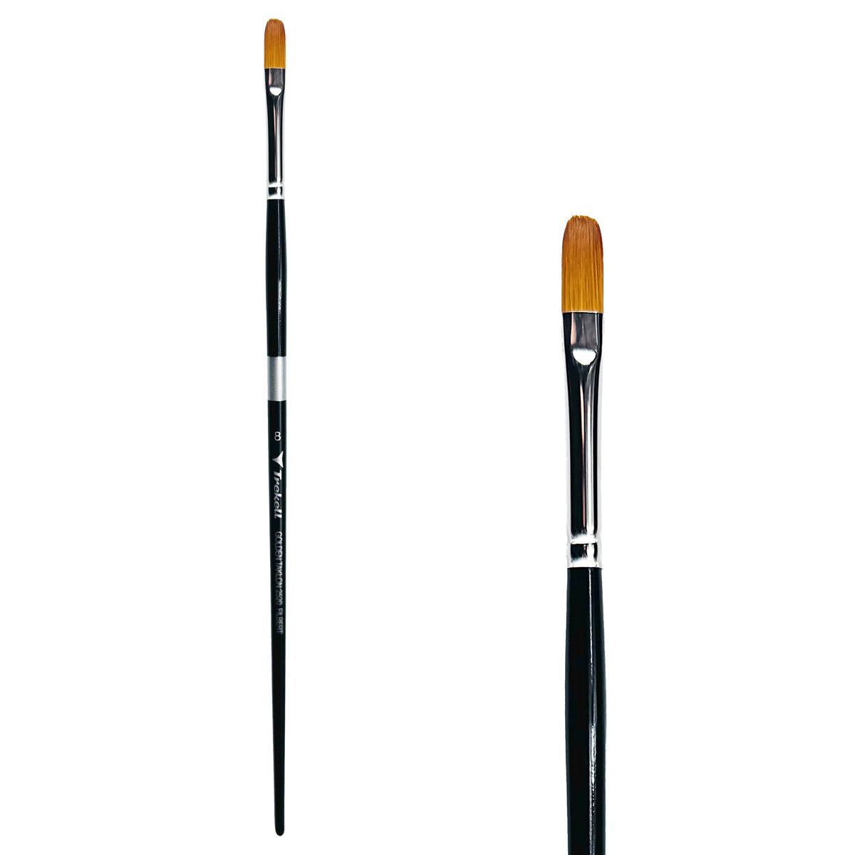Trekell Golden Taklon #8 Filbert Brush - Long Handle, with flattened bristles and a rounded tip.