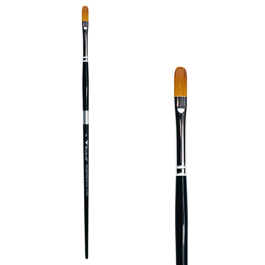 Trekell Golden Taklon #8 Filbert Brush - Long Handle, with flattened bristles and a rounded tip.