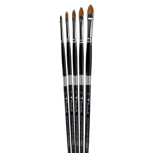 Trekell Golden Taklon Complete Cat's Tongue Brush Set - Long Handle, showing a set of brushes with a tapered, oval brush tip.