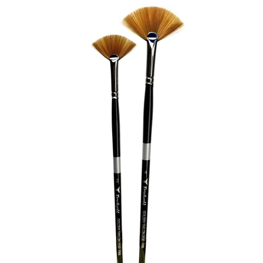 Trekell Golden Taklon Complete Fan Brush Set - Long Handle, showing a set of brushes with fan-shaped bristles.