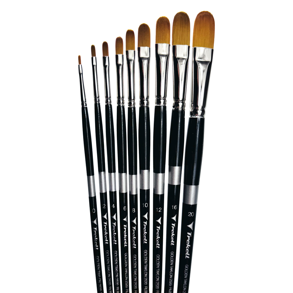 Trekell Golden Taklon Complete Filbert Brush Set - Long Handle, showing a set of brushes with flattened bristles and a rounded tip.