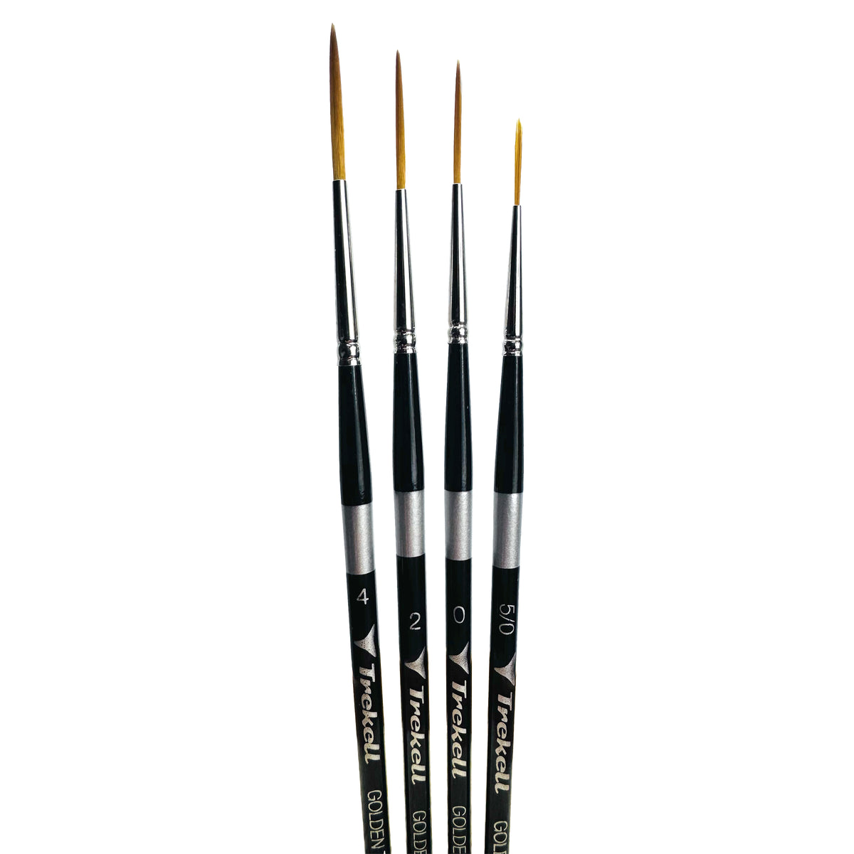 Trekell Golden Taklon Complete Script/Rigger Brush Set - Short Handle, showing a set of brushes with long, fine pointed bristles.