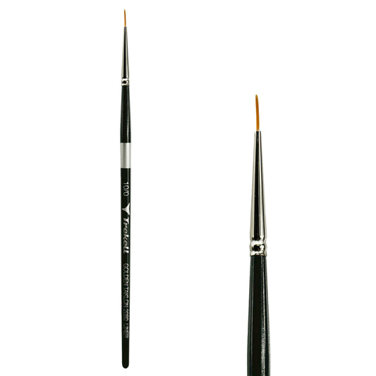 Trekell Golden Taklon #10/0 Liner Brush - Short Handle, with long, narrow pointed bristles.