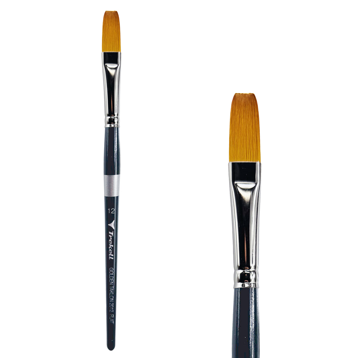 Trekell Golden Taklon #12 Flat Brush - Short Handle, with straight-edged, flat bristles.