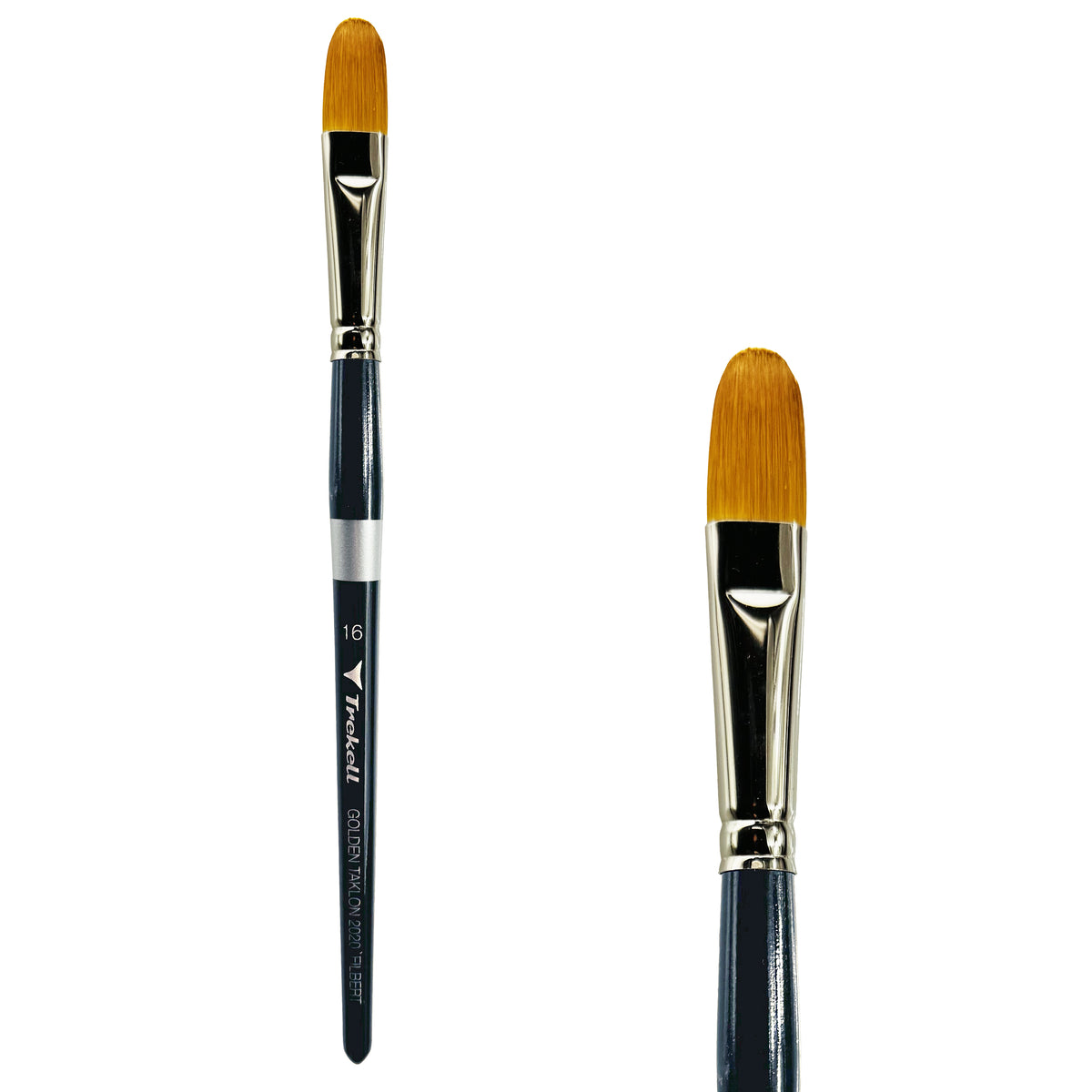 Trekell Golden Taklon #16 Filbert Brush - Short Handle, with flattened bristles and a rounded tip.