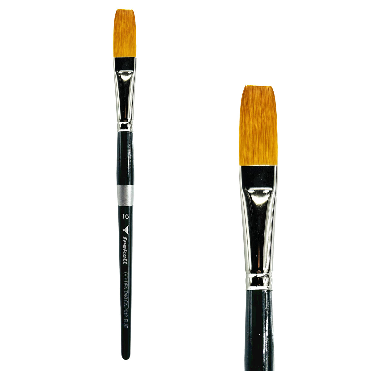 Trekell Golden Taklon #16 Flat Brush - Short Handle, with straight-edged, flat bristles.
