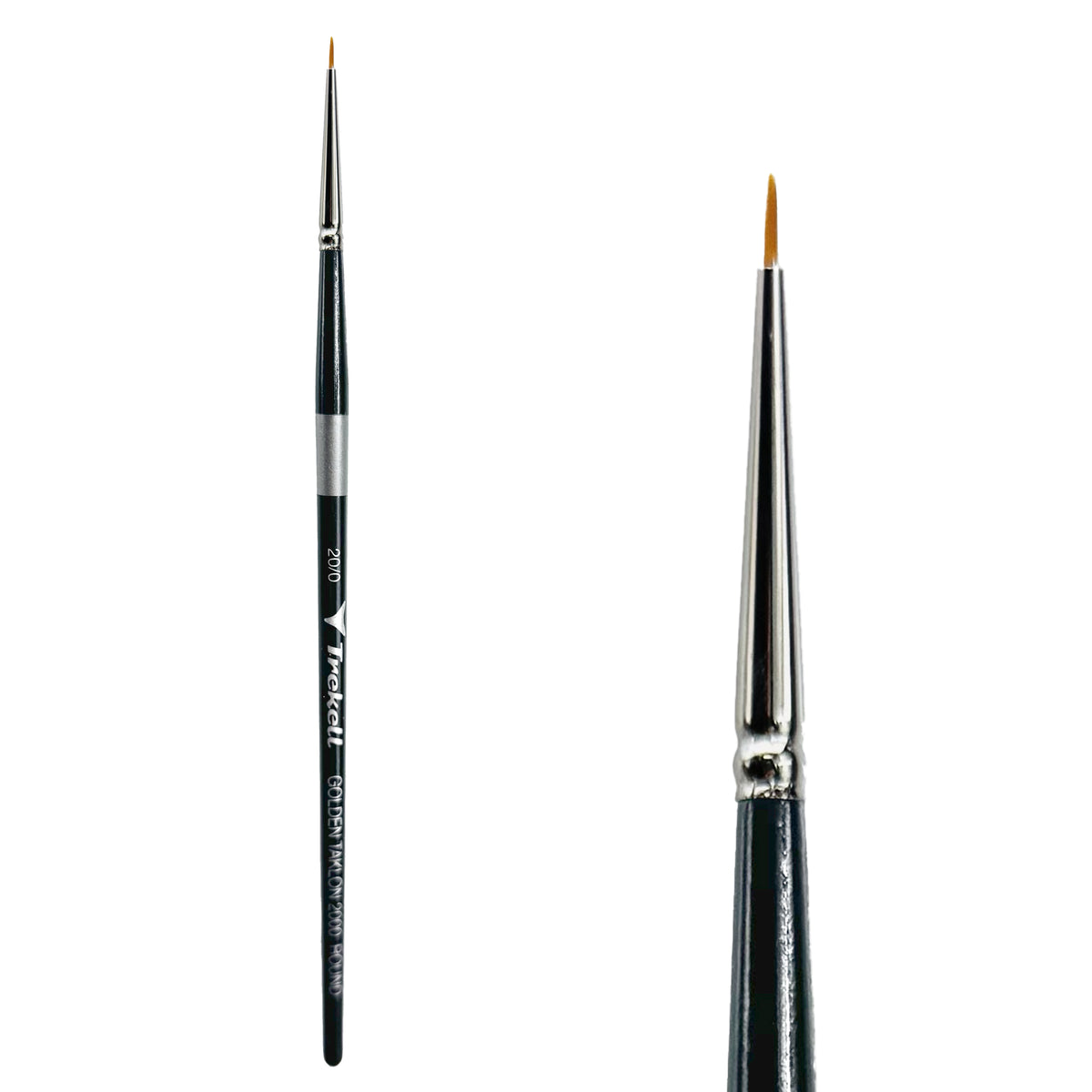 Trekell Golden Taklon #20/0 Round Brush - Short Handle, with rounded, pointed bristles.