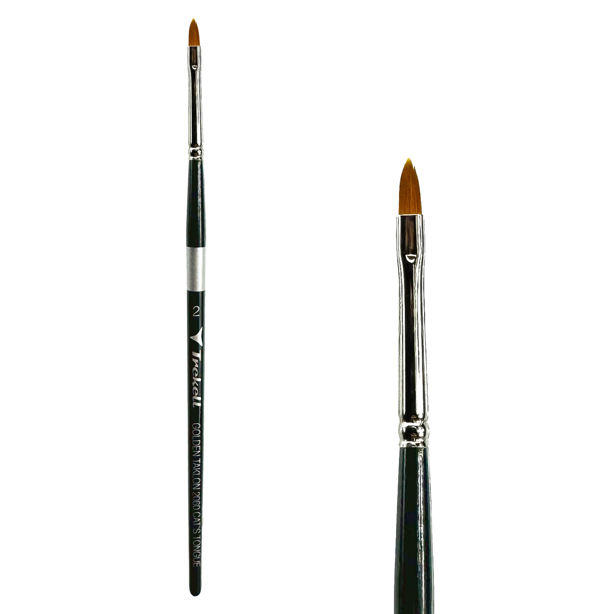 Two views of the Trekell Golden Taklon size #2 Cat’s Tongue brush, showing a dark green handle, silver ferrule, and tapered golden bristles.