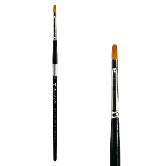 Trekell Golden Taklon #2 Filbert Brush - Short Handle, with flattened bristles and a rounded tip.