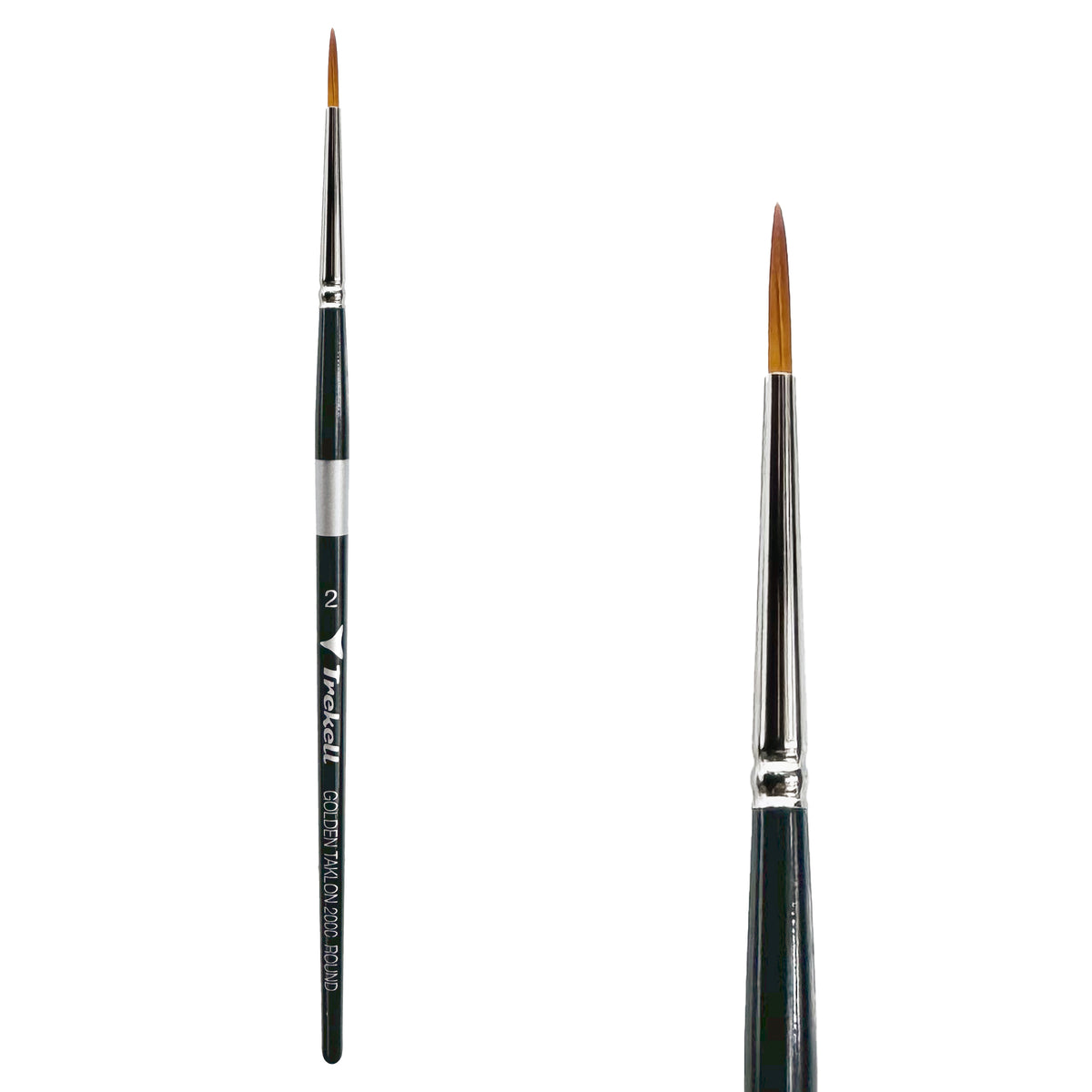 Trekell Golden Taklon #2 Round Brush - Short Handle, with rounded, pointed bristles.