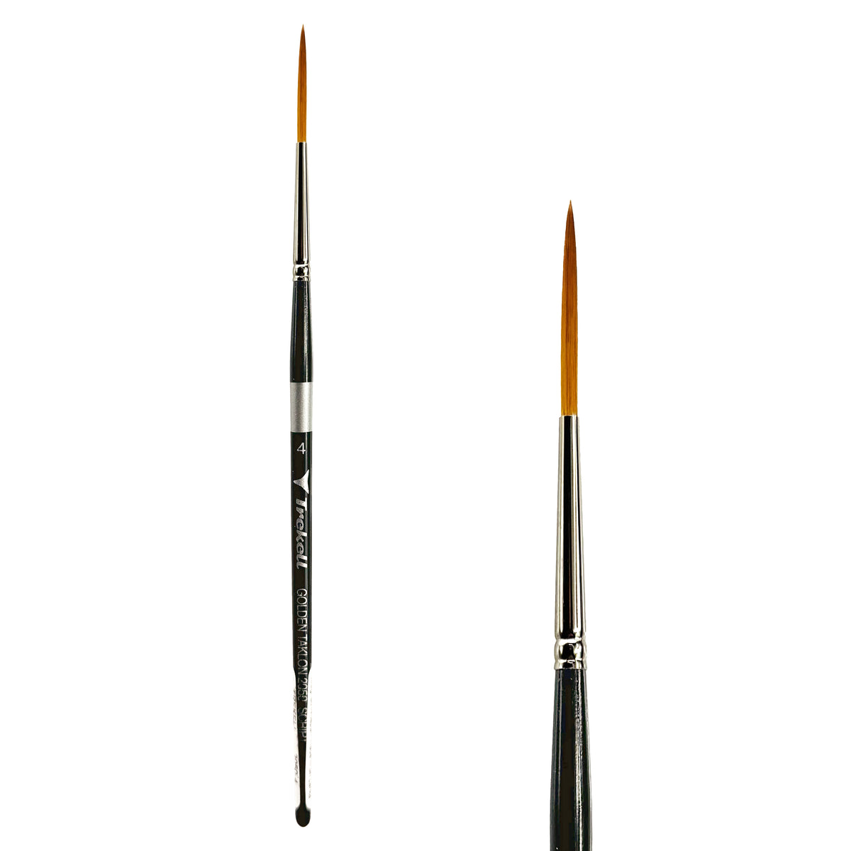 Trekell Golden Taklon #4 Script/Rigger Brush - Short Handle, with long, fine pointed bristles.