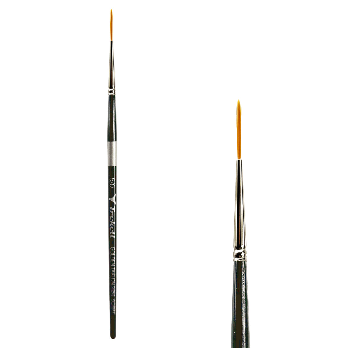 Trekell Golden Taklon #5/0 Script/Rigger Brush - Short Handle, with long, fine pointed bristles.