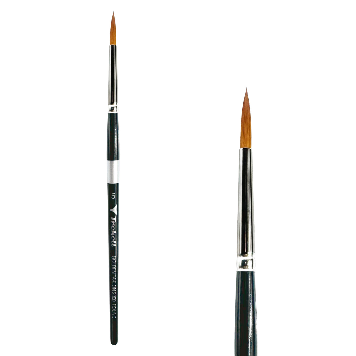 Trekell Golden Taklon #5 Round Brush - Short Handle, with rounded, pointed bristles.