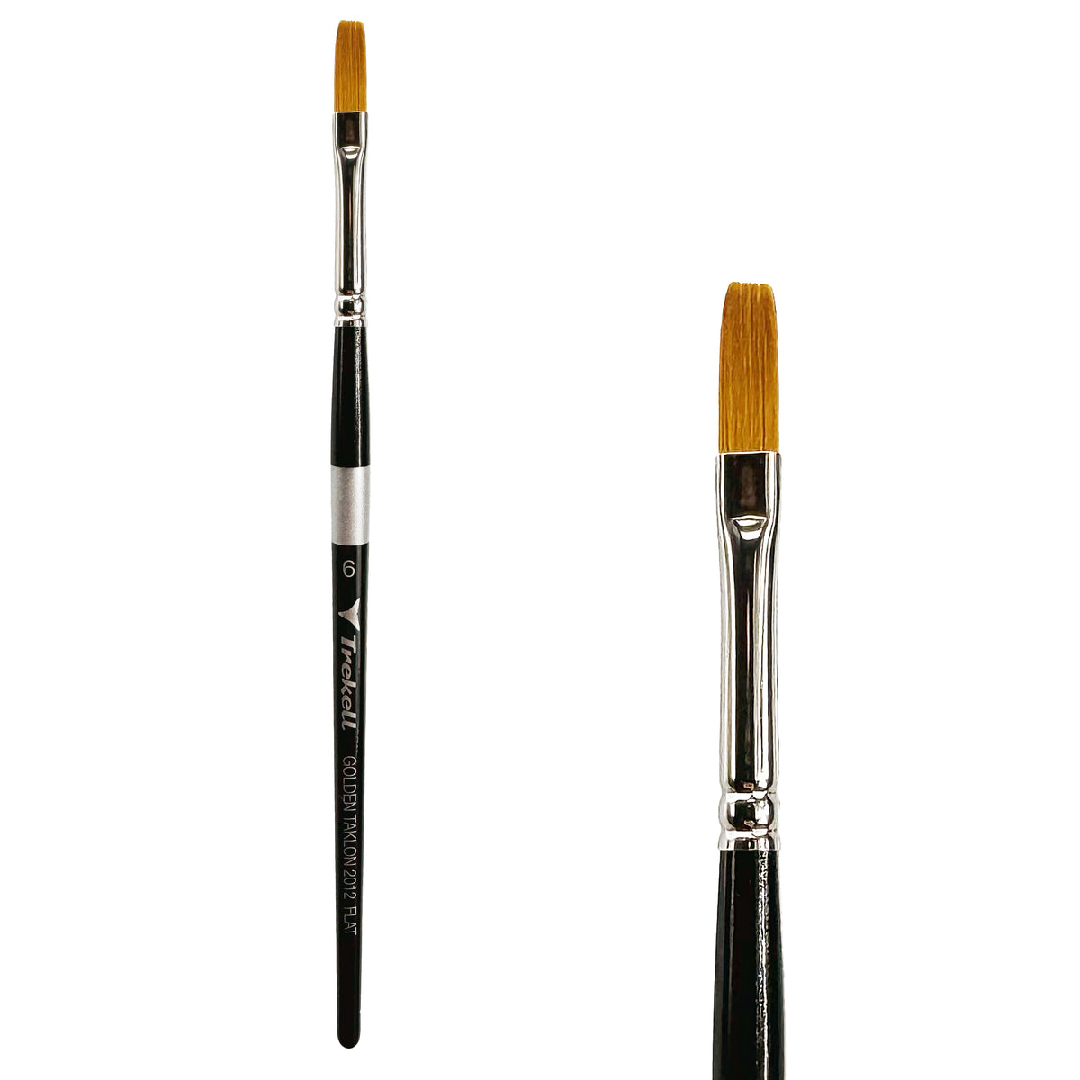 Trekell Golden Taklon #6 Flat Brush - Short Handle, with straight-edged, flat bristles.