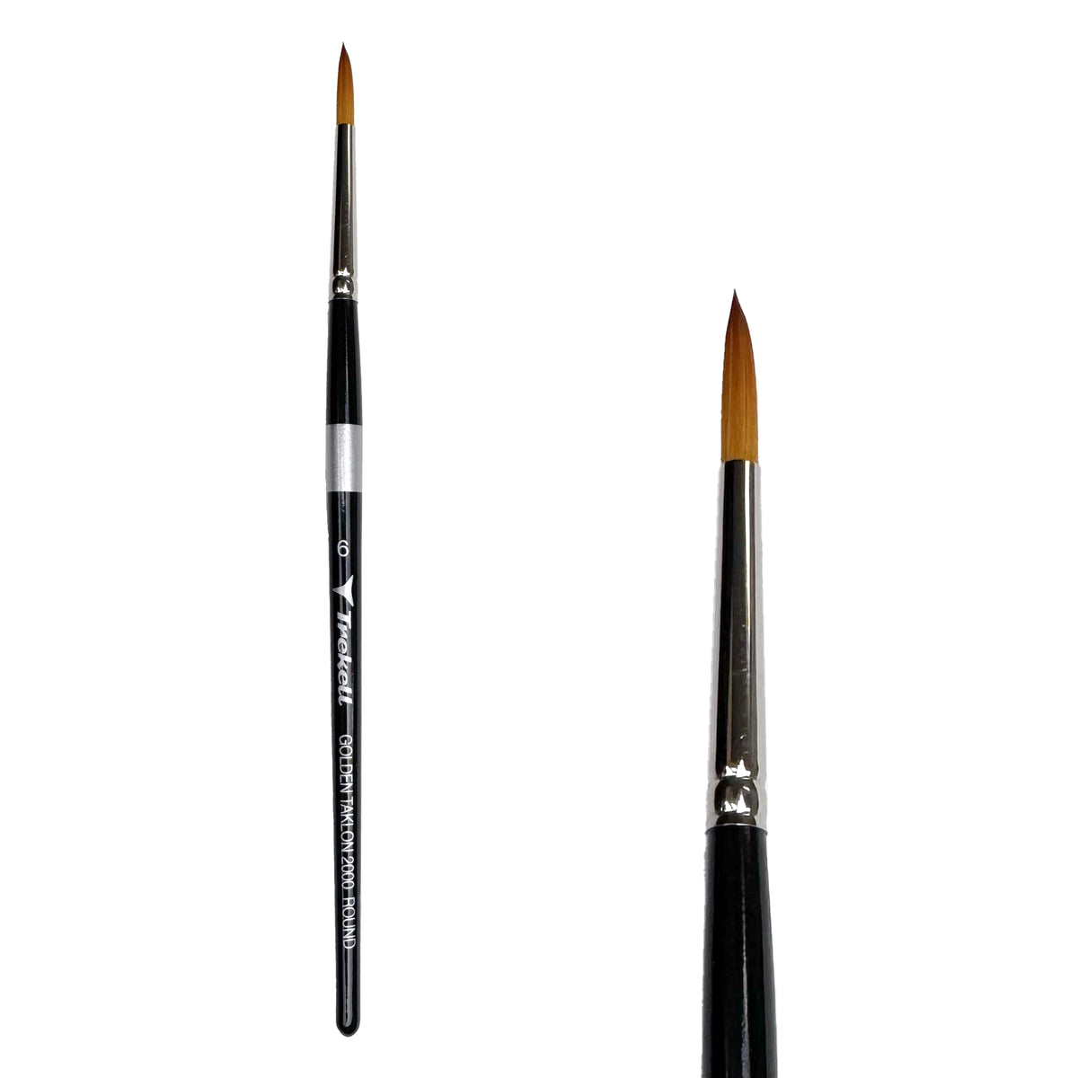 Trekell Golden Taklon #6 Round Brush - Short Handle, with rounded, pointed bristles.