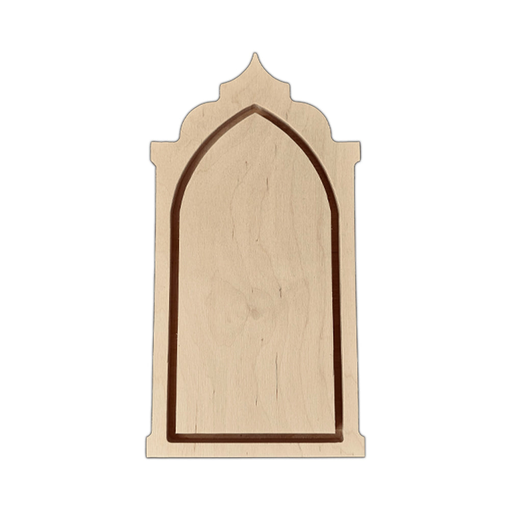 Trekell Gothic Abbey Floater Panel – 1/2" Baltic Birch – 6" x 12", unpainted pointed-arch wooden painting surface.