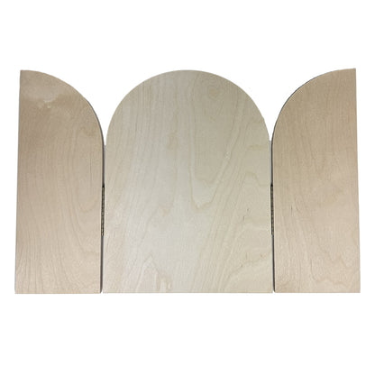 Trekell Gothic Rounded Arch Altar Panel in pale wood, with both curved doors open beside the round-topped center.