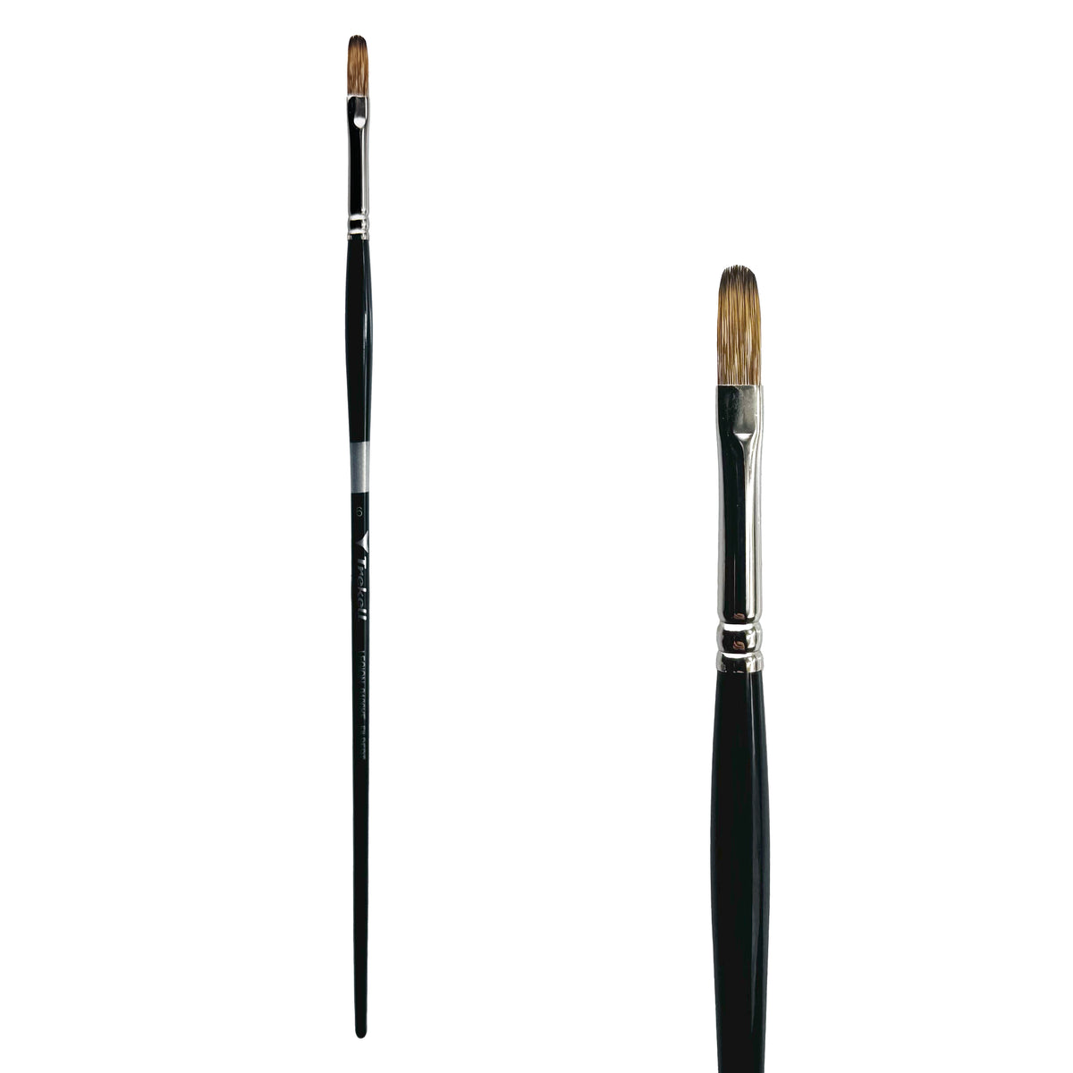 Trekell Legion #6 Filbert Brush - Long Handle, with flattened bristles and a rounded tip.