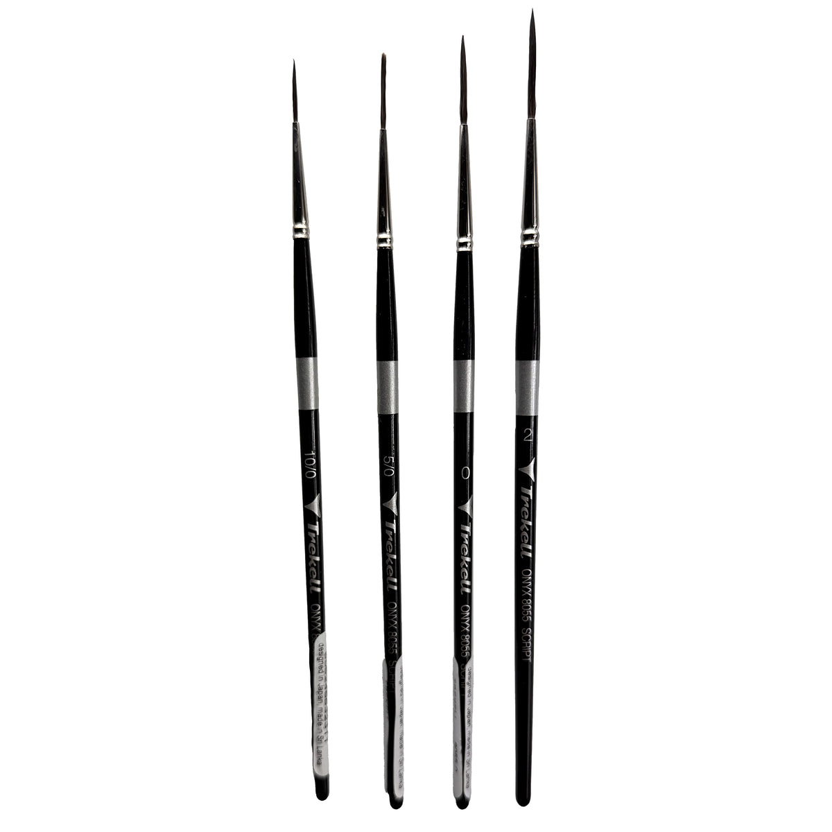 Trekell Onyx Complete Script/Rigger Brush Set - Short Handle, showing a set of brushes with long, fine pointed bristles.