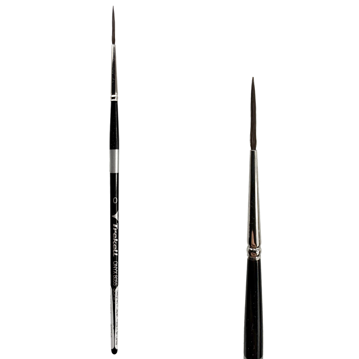 Trekell Onyx #0 Script/Rigger Brush - Short Handle, with long, fine pointed bristles.