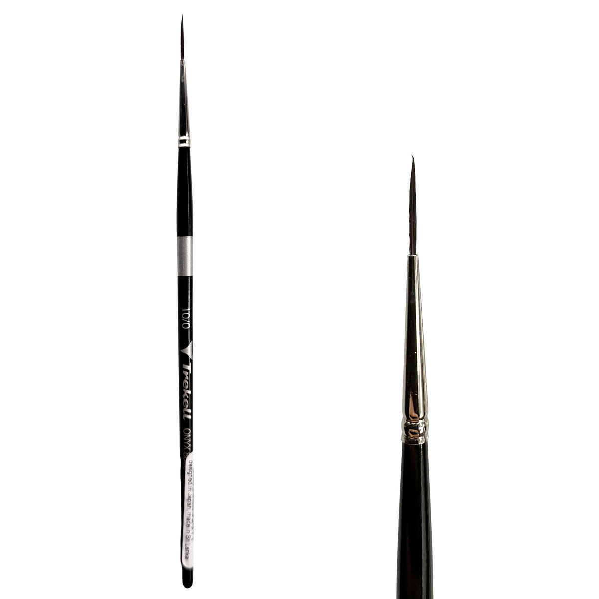 Trekell Onyx #10/0 Script/Rigger Brush - Short Handle, with long, fine pointed bristles.