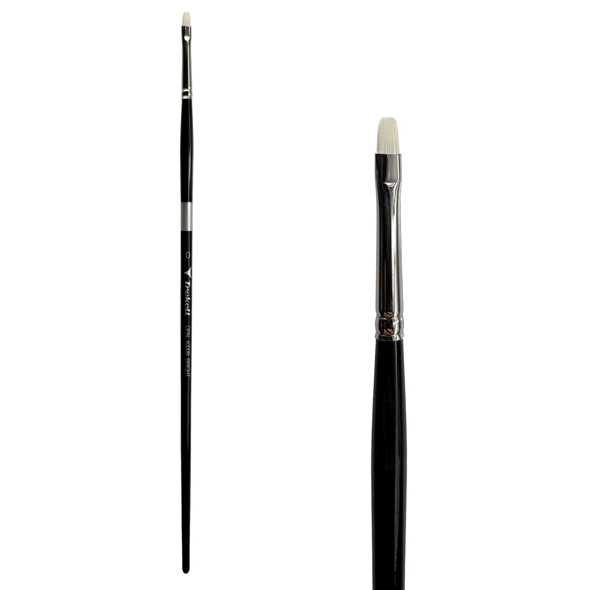 Trekell Opal #0 Bright Brush - Long Handle, with short, straight-edged flat bristles.