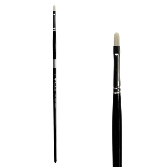 Trekell Opal #0 Filbert Brush - Long Handle, with flattened bristles and a rounded tip.