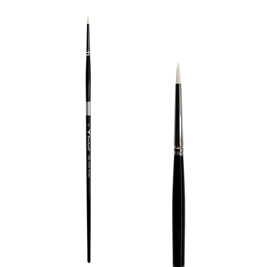 Trekell Opal #0 Round Brush - Long Handle, with rounded, pointed bristles.