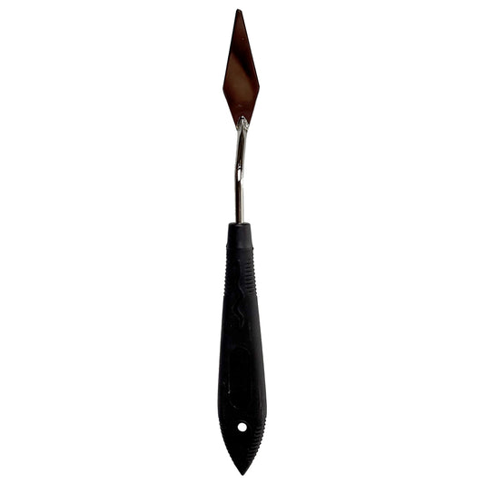 Palette knife with a pointed diamond-shaped metal blade and a black handle.
