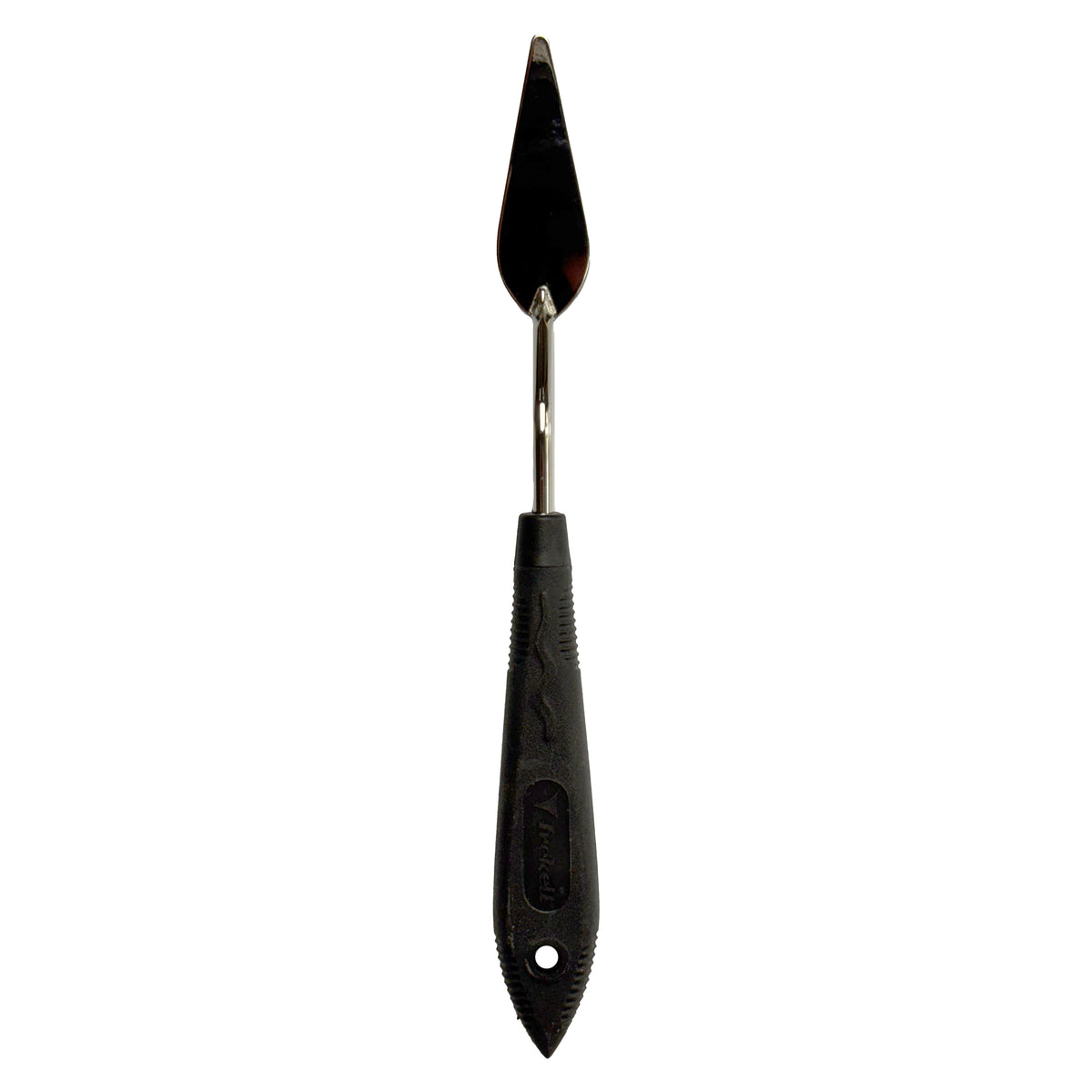 Palette knife with a small dark teardrop blade and a black handle.