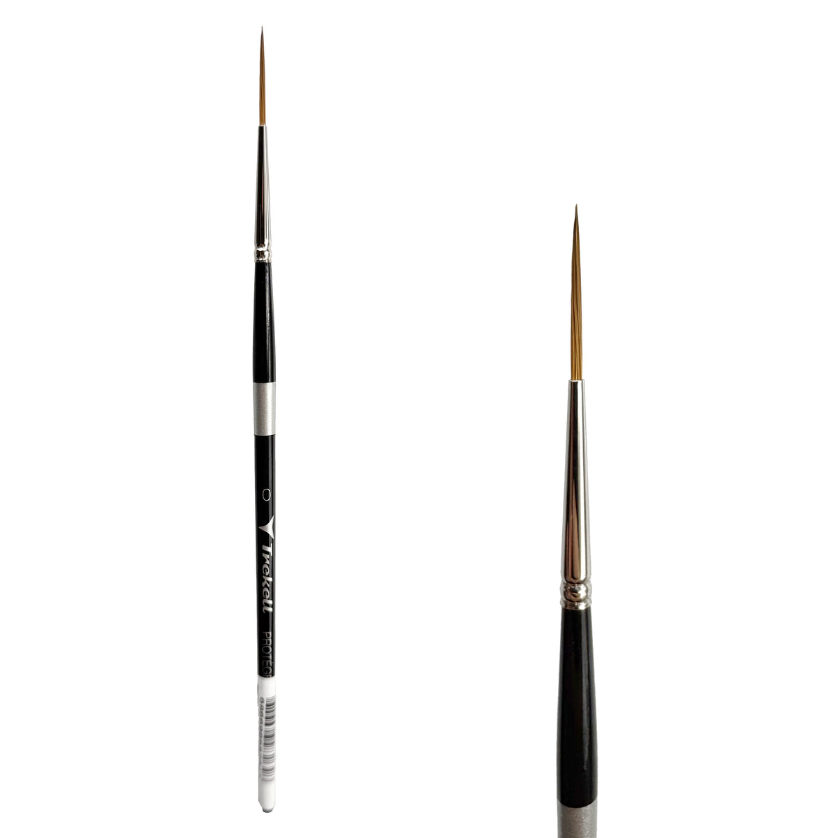 Trekell Protégé #0 Script/Rigger Brush - Short Handle, with long, fine pointed bristles.