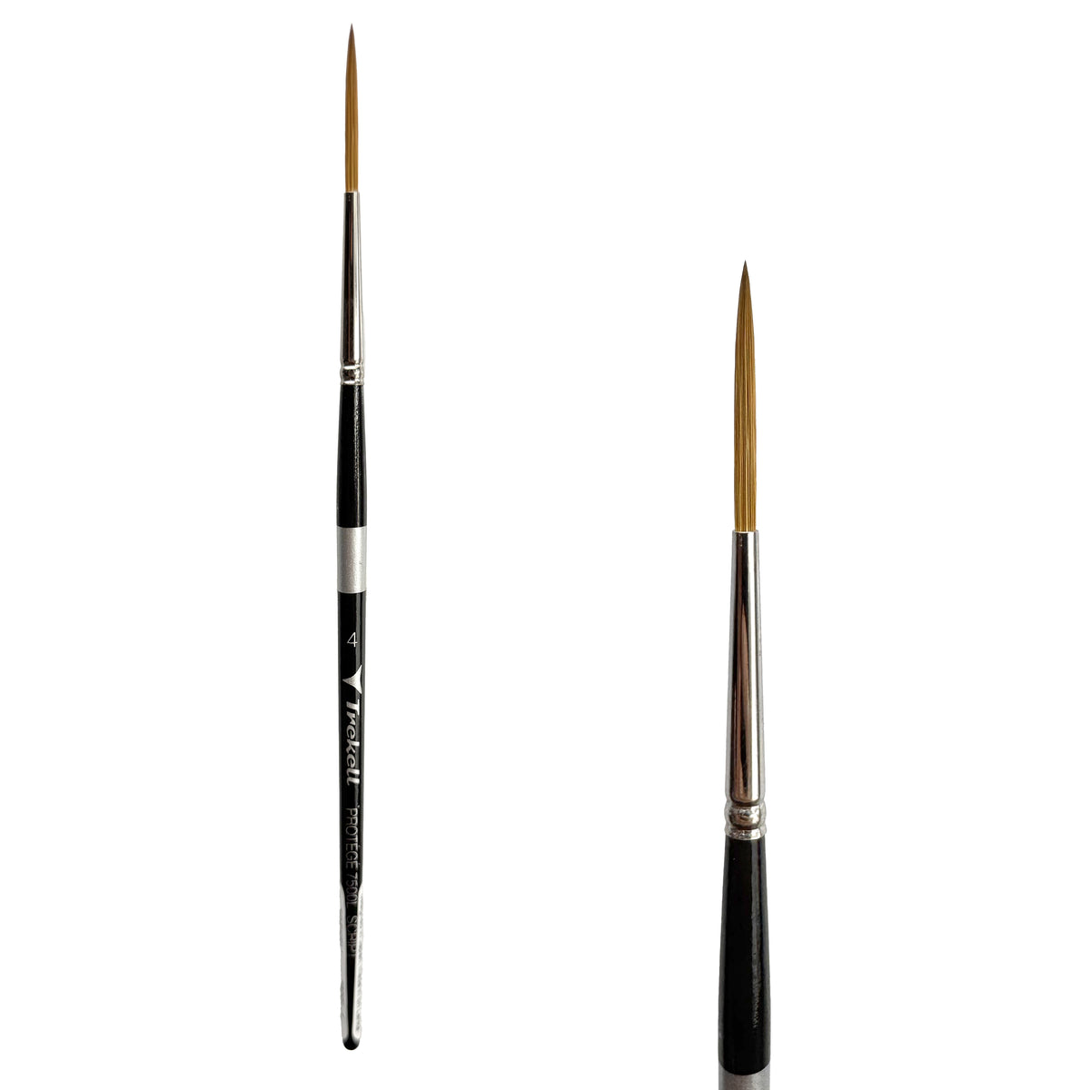 Trekell Protégé #4 Script/Rigger Brush - Short Handle, with long, fine pointed bristles.