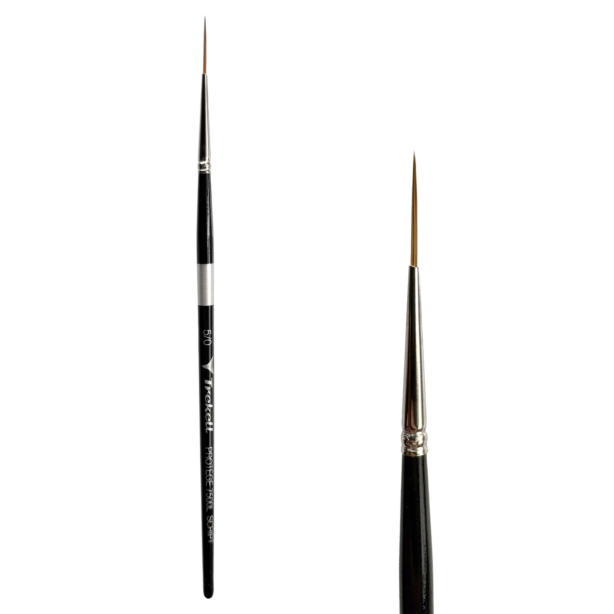 Trekell Protégé #5/0 Script/Rigger Brush, full-length black-handled pointed brush beside an enlarged view of its fine brown tip.