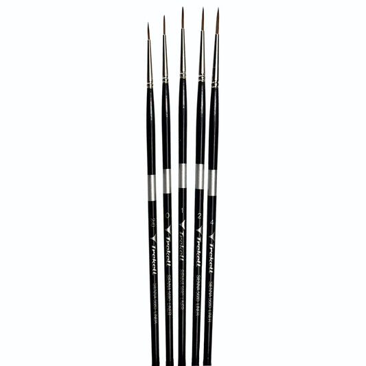 Five long fine-pointed brushes arranged upright with black handles.