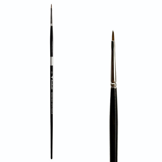 Trekell Sienna #0 Cat's Tongue Brush, full-length black-handled pointed brush beside an enlarged view of its fine brown tip.