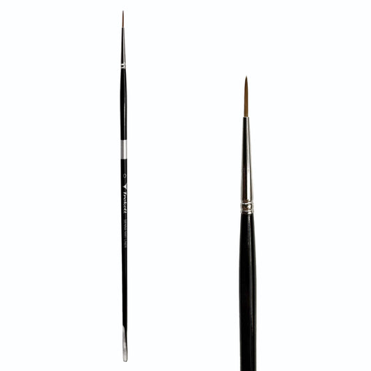 Trekell Sienna #0 Liner Brush, full-length black-handled pointed brush beside an enlarged view of its fine brown tip.