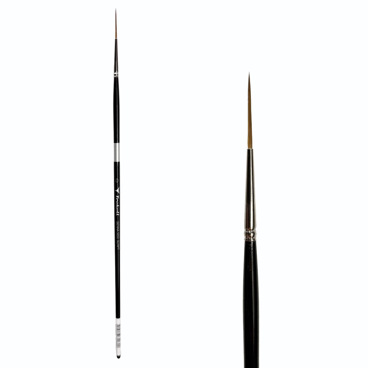 Trekell Sienna #0 Script/Rigger Brush, full-length black-handled pointed brush beside an enlarged view of its fine brown tip.