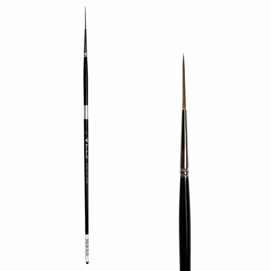 Trekell Sienna #0 Script/Rigger Brush, full-length black-handled pointed brush beside an enlarged view of its fine brown tip.