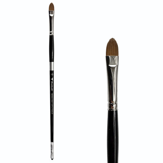 Trekell Sienna #10 Cat's Tongue Brush, full-length black-handled rounded brush beside an enlarged view of its oval brown tip.