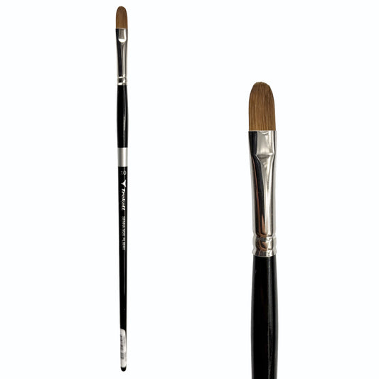 Trekell Sienna #10 Filbert Brush, full-length black-handled rounded brush beside an enlarged view of its oval brown tip.