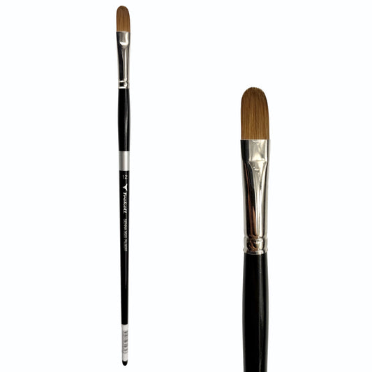 Trekell Sienna #12 Filbert Brush, full-length black-handled rounded brush beside an enlarged view of its oval brown tip.