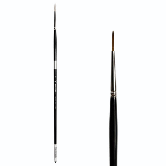 Trekell Sienna #1 Liner Brush, full-length black-handled pointed brush beside an enlarged view of its fine brown tip.