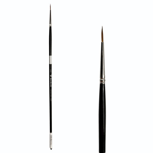 Trekell Sienna #2/0 Liner Brush with a long black handle, silver ferrule and close-up of its long, slender pointed brown bristles.